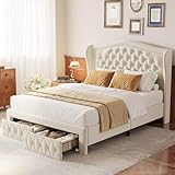 CarterChairr Queen Size Bed Frame, Upholstered Platform Bed Frame with 2 Storage Drawers and 52.5' Tall Headboard Wingback, Solid Wooden Slats Support, No Box Spring Needed, Easy Assembly, Beige