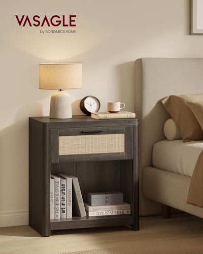 Image of VASAGLE Set of 2 Boho Nightstands with Rattan-Look Drawer | Accent Side End Tables, Open Compartment, Rounded Corners, for Bedroom Bedside, Taupe Brown, ELLAN Collection ULET818TC01
