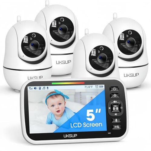 Image of UKSUP Baby Monitor with 4 Cameras and Audio- Video Baby Monitor with 960ft Long Range, Remote Pan-Tilt-Zoom, Night Vision, Temperature Sensor, 2-Way Talk, 8 Lullabies, 30-Hour Battery & No WiFi