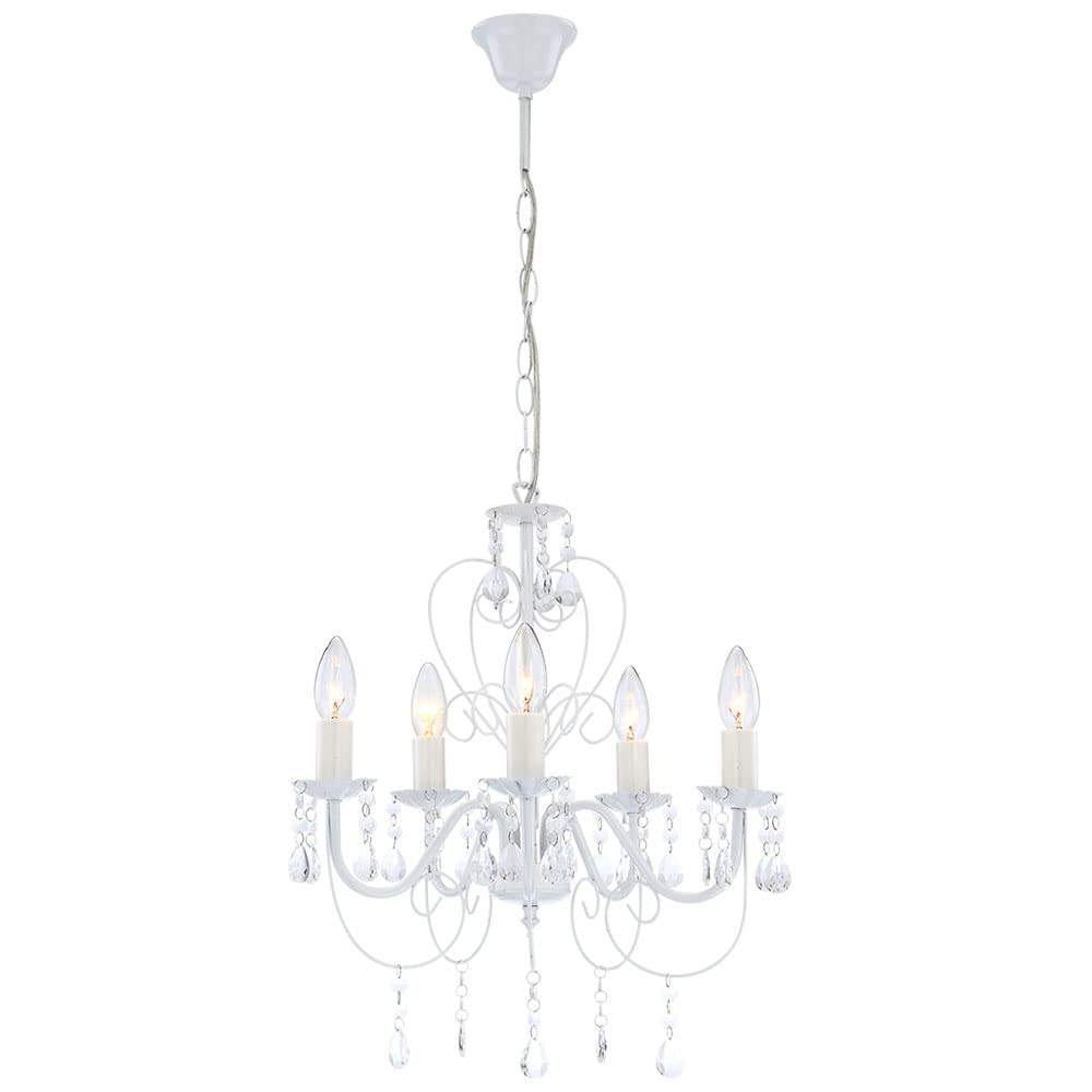 Pendelleuchte weiß Kristall Lampe Kronleuchter Wohnzimmerleuchte Deckenleuchte Hängelampe, 5-flammig hängend, 5x E14, DxH 44x129 cm