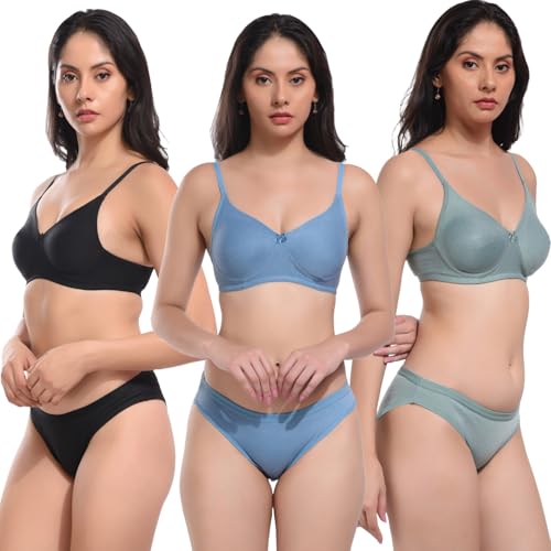 Image of REALSIDE Women Cotton Bra Panty Set for Lingerie Set|Bra Panty Set | Panty Bra Set for Women Women Lingerie Set A Beautiful Combo Pack of 3-Black,Green,Pink