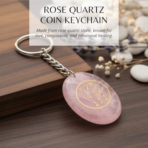 The Alchemist's Arcanum Rose Quartz Coin Keychain with Engraved Numbers | Polished Stone Charm for Keys, Bags, Backpack & Car Accessories — 사진 2