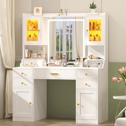Vanity Desk with Mirror and Lights, White Makeup Vanity Table