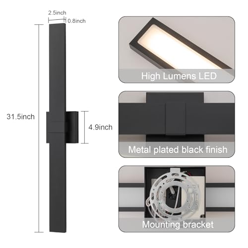 Image of Black Modern LED Outdoor Wall Sconce 31.5 inch Long Outdoor Wall Lights Exterior Lighting Fixtures for House Porch Patio Garage Front Door, Easily Install Anywhere