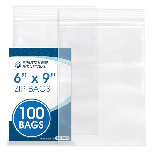 Spartan Industrial - 6” X 9” (100 Count) Quart Clear Reclosable Zip Plastic Poly Bags with Resealable Lock Seal Zipper - 2 Mil