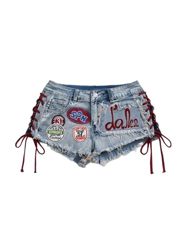 SOLY HUX Womens Y2k Denim Shorts Lace Up Graphic Mini Jeans Music Festival Outfits Blue Graphic Large