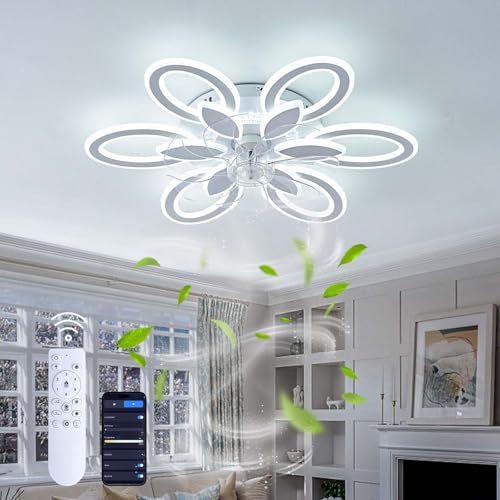 Ventilador de techo LED de 71 cm con control remoto y aplicación, 6 velocidades, reversible, silenciosa, luz de 78 W, para dormitorio, sala de estar, cocina, diseño moderno con función de memoria