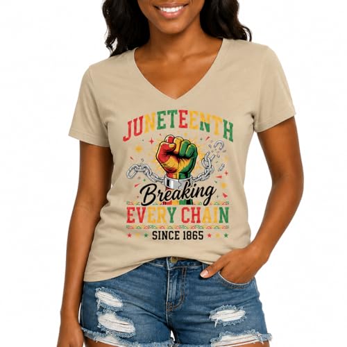 FITCOFF Juneteenth Shirts Men Juneteenth Breaking Every Chain Shirt Women Black History V-Neck Tshirt