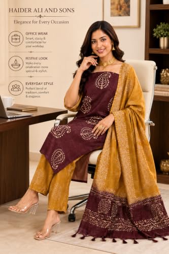 Image of HAIDER ALI AND SONS Women's Cotton Silk Batik Print Unstitched Dress Material with Dupatta | Handloom Salwar Suit Material | Kurta Fabric, Bottom & Dupatta Set | Ethnic Wear for Office