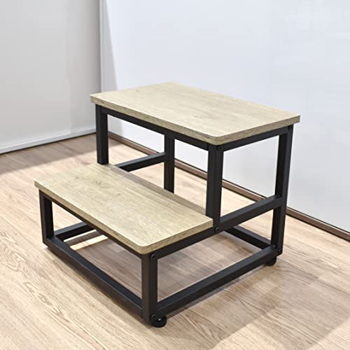 Szlhanjz Multi Purpose Step Stool, Wood & Metal 2 Step Stools For Adults Kids, Round Corner Dog Steps Bed Step Stools For High Beds, Portable Stepping Stool For Bedroom Kitchen, Load 500 Lb, Beige #TOP7