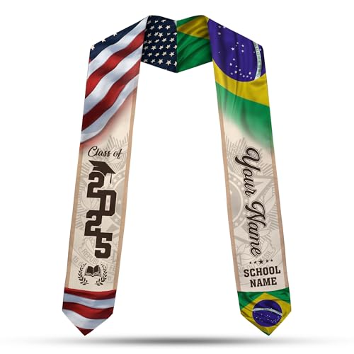 MonkeyVan Brazil Graduation Stole Custom Brazil American Flag Graduation Sash Brazilian Flag Graduation Stole Class of 2025 Bz4