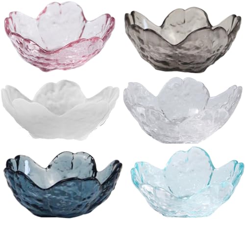 QDBDWBD 6-Piece Sakura Glass Sauce Dish, Mini Cute Petal Shaped Crystal Dessert Bowl, Appetizer Plate, Small Dipping Bowl for Snack Sauce, Jam, Sushi, Side Dish