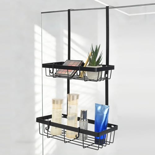 HETYYAEKQ Duschablage ohne Bohren Schwarz, Duschablage zum Hängen Schwarz, Duschregal zum Hängen, Edelstahl Doppelschicht Hängeregal Dusche Regal mit Haken für Badezimmer Zubehör Dusch Organizer