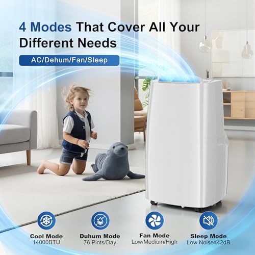 Image of Uthfy 14,000BTU Portable Air Conditioners, 4-in-1 Function Ac Unit with Cooling, Dehumidifier,Fan and Sleep Mode, Self-evaporation, 24H Timer Auto-on /off, Cools up to 750 sq.ft, Window kits Included