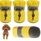 KUTKUT Washable Small Dog Boots Paw Protector for Hot Pavement Pack of 4, Anti-Slip Dog Shoes, Reflective Straps for Shihtzu, Poodle, Bichon Frise (Yellow, Size 5, Feet Long 5.5 cm, Feet Wide 4.5cm)