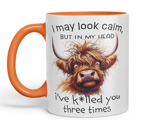 Vixar I May Look Calm, but in My Head I've k*lled You Three Times Highland Cow Joke sarkasm Sarcastic Ceramic Coloured Mug Cup for Tea Coffee Hot Brew 330ml 11Oz Gift (Orange)