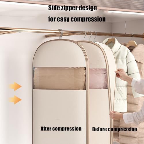 Hanging Garment Bag with Self Compression Zipper, Space Saving Hanging Garment Bag,Dust Cover Clothes Bags for Down Coat, Closet Organizers (White L)4