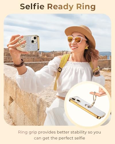 Image of XYZ for iPhone 13 Back Cover Case with Stand, Phone Case with Double Ring Kickstand, Women Girls Bling Luxury Glitter Clear Phone Case Cover Heart for iPhone 13, Gold
