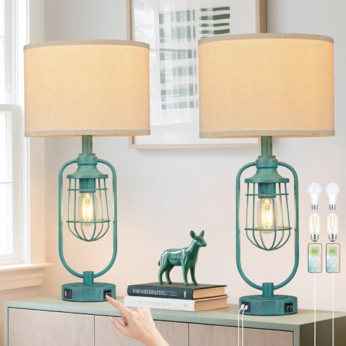 SRJJRS 24" Retro Farmhouse Table Lamps Set of 2 for Living Room, USB A+C