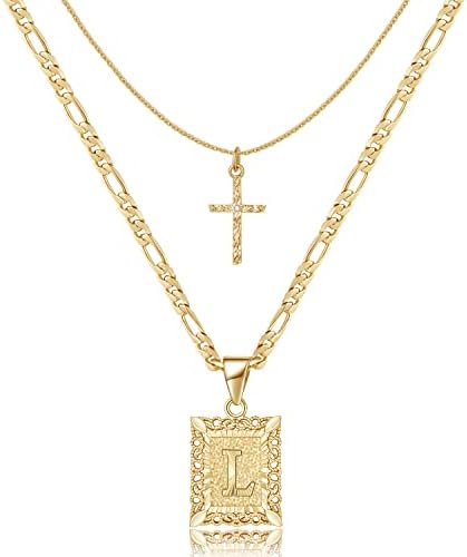 KELORIS PATH Gold Layered Initial Cross Necklace, 14K Gold Plated Layering Square Letter Pendant Figaro Chain Cross Choker from A-Z Capital Jewelry for Women GirlsChain Necklace(Letter L)
