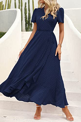 Image of PRETTYGARDEN Women's Summer Wrap Maxi Dress Casual Boho Floral V Neck Short Sleeve Ruffle Hem Split Beach Long Dresses
