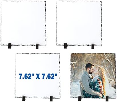 Vesub 4 Pcs Sublimation Slate Rock Blanks, 7.62 x 7.62 Inch Square Sublimation Stone Slate with Display Holder,Custom Photo Frame for HTVRONT Auto Press Print