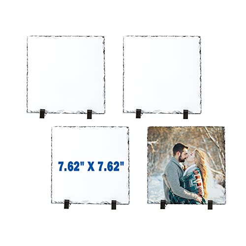 Vesub 4 Pcs Sublimation Slate Rock Blanks, 7.62 X 7.62 Inch Square Sublimation Stone Slate With Display Holder,Custom Photo Frame For Htvront Auto Press Print #TOP1