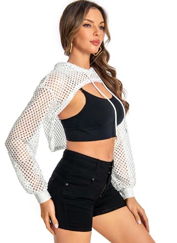 Women Mesh Crop Top Hoodie Fishnet See Through Long Sleeve Shirt Sheer Blouse for Club Party2