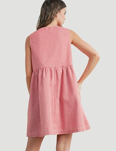 Image of Womens Mini Red Stripe Bowknot Dress Round Neck Sleeveless A Line Casual Dresses