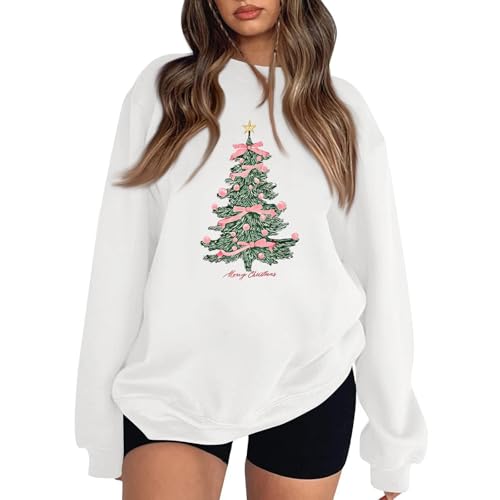Image of Novelty Christmas Christmas for Women Xmas Tree Snowflake Printed Pullover Tops Funny Holiday Crew Neck Sweatshirt Loose Fit Lightweight Sweater 03-White S