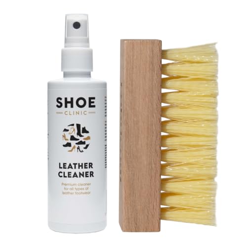 Shoe Clinic Kit de limpieza de cuero, limpiador de cuero, cepillo y paño de microfibra de 125 ml, limpia y mantiene tenis, zapatos y calzado, Clear, Talla única