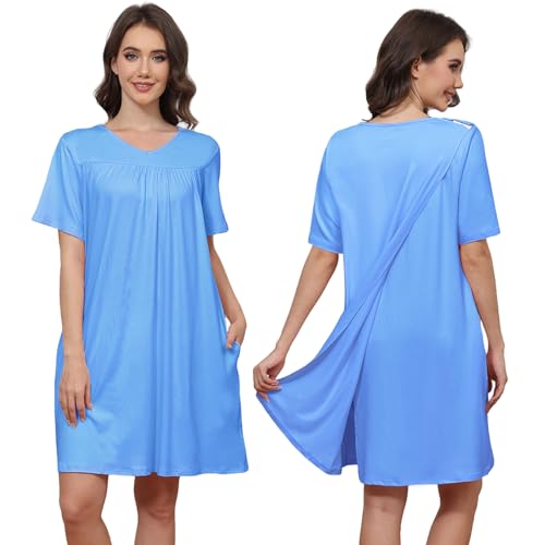 Image of Hospital Gowns for Women Open Back Tear Away Snap Post shoulder Dress Short Sleeve Soft Adaptive Clothing with Pockets