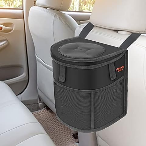Desing Wish Car Trash Can with Lid, Water Resistant Car Storage Bag Thermal Insulation Car Organizer Multipurpose Car Garbage Can Car Accessory for Trash Containing and Snacks Storing - Black Cover