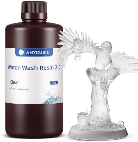 ANYCUBIC 3D Printer Resin, Water Washable Resin 2.0, No Need Extra Alcohol and Easy to Clean, Fast Curing, Low Odor, Wide Compatibility for All LCD Resin 3D Printers (Clear, 1kg)