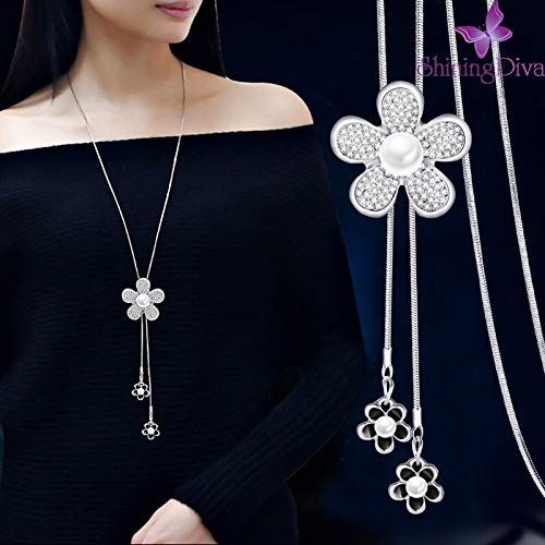 Image of Shining Diva Fashion Crystal Flower Stylish Long Chain Pendant Necklace for Women and Girls