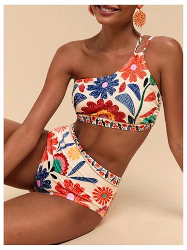 MakeMeChic Women's High Waisted Bikini Set Floral One Shoulder Boho Swimwear Bathing Suit Swimsuit4