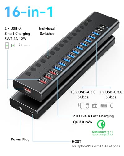 Image of Powered USB Hub, AGEEN 16-Port USB 3.0 Hub (10 USB-A 3.0+2 QC 24W Fast Charging+2 Smart Charging+2 USB-C 3.0 Ports), 12V /8A 96W UL Certified Power Adapter for PC, Laptop, HDD, Flash Drive
