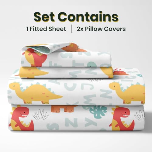 Image of LORETO - A QUALITY LINEN BRAND 144 TC 100% Pure Cotton King Size Fitted Bedsheet with 2 Pillow Covers for 72 x 72 Inch, All-Around Elastic, 8 Inch Deep Pocket, Orange & Mint Alphabet Dino Play