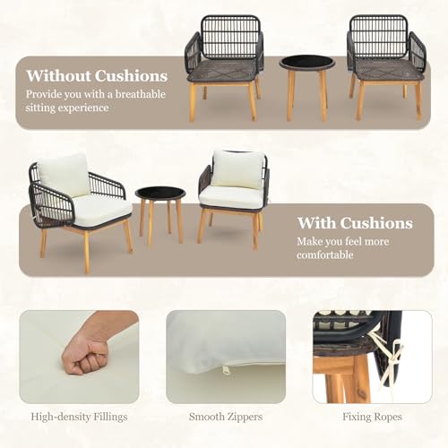GIANTEX 3 TLG. Gartenmöbel Set, Balkon Terrassenmöbel Polyrattan, Balkontisch Bistrotisch mit Glasplatte, Balkon Möbel Loungemöbel 2 Korbstühlen inkl. Kissen, Balkonset Garten Sitzgruppe Sitzgarnitur – Bild 5