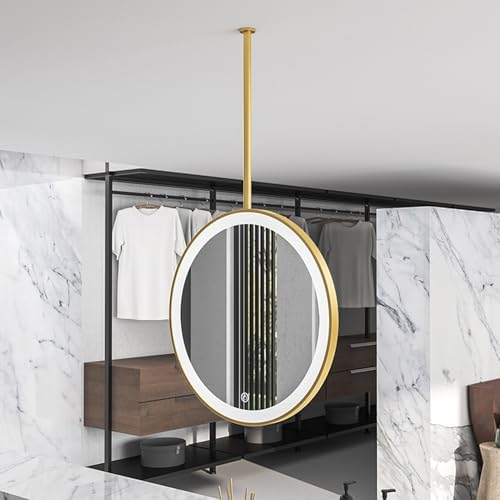 Lonmrrton Espejo suspendido de Techo LED con luz, Espejos de Maquillaje de tocador Flotante, Espejos Colgantes Decorativos de Marco de Metal Dorado, Redondo(Diameter-70CM/27.6INCH)