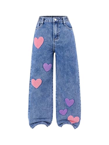 WDIRARA Girl's Star Heart Print Denim Pants Elastic Waist Straight Leg Jeans with Pockets