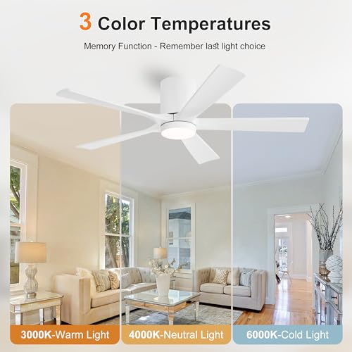 LEDLUX 52 Inch Flush Mount Ceiling Fan with Light - 5 Solid Wood Blades, 6-Speed Reversible DC Motor, Noiseless Low Profile Ceiling Fan and Light for Bedroom Living Room, White by LEDLUX - Used condition - Image 5