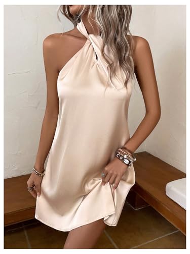 Image of Floerns Women's Pearl Beaded Halter Twist Sleeveless Tie Back Dress A Line Dress
