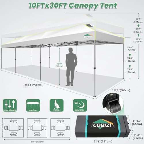 Image of COBIZI 10x30 Pop Up Canopy One Push Party Tent with Air Vent Waterproof Commercial Outdoor Patio Gazebo for Parties Wedding Backyard Events, 3 Adjustable Height, Wheeled Bag, Sandbag, Stakes, White