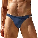 Men's Solid Swimwear Bikini Low Rise Swimming Briefs Sexy Swimsuits Quick Dry Board Surf Shorts Trunks Metal Buckle Swim Bikini Navy Blue L