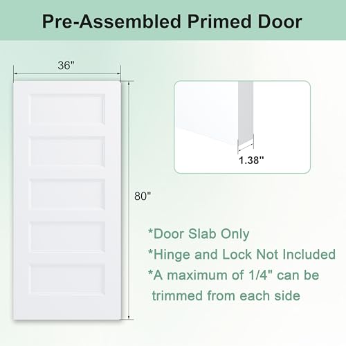 Image of JUBEST 36 inchx80 inch 5-Panel Shaker Style White Primed Hollow Core Interior Molded Door Slab, NOT Pre-drilled and NOT Included Hardware, Pre-Assembled Interior Door for Pantry, Laundry, Closet