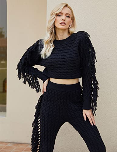 Image of KANSOON 2 Piece Sweater Set for Women Cable Knit Fringe Crop Top and Pants | Cozy feel, ribbed high waist, comfortable stretch fit for birthday and chilly going-out outfits