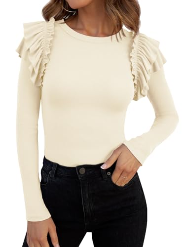 Image of Tankaneo Womens Ruffle Long Sleeve Shirts Fitted Ribbed Knit Tops Fall Casual Crew Neck Tees