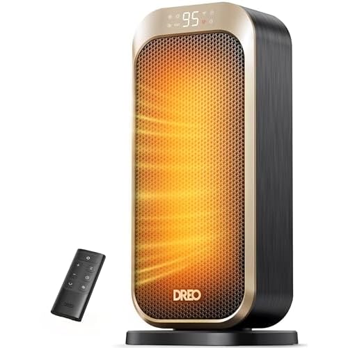 Dreo Space Heaters for Indoor Use, 1500W Portable Electric Heater with Remote and Thermostat, PTC Ceramic, Safety Heat with 70° Oscillation for Bedroom Office Home, Quiet, 12H Timer Gold Hea