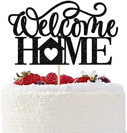 Black Glitter Welcome Home Cake Topper - New Home Cake Decorations - New Baby/Housewarming/Retiring from the Army/Return from Maternity/Family Party Decorations